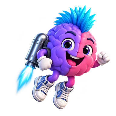 Rocket, a colourful brain character with a jetpack